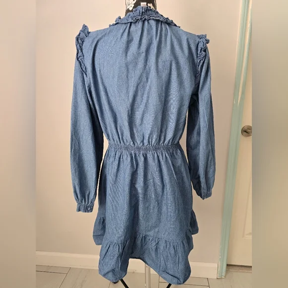 Lauren Conrad Blue Chambray Ruffled Long Sleeve Dress Size L - Picture 5 of 12